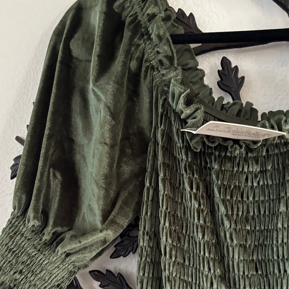 NEW- Elegant Velvet Green Smocked Dress - Picture 3 of 4